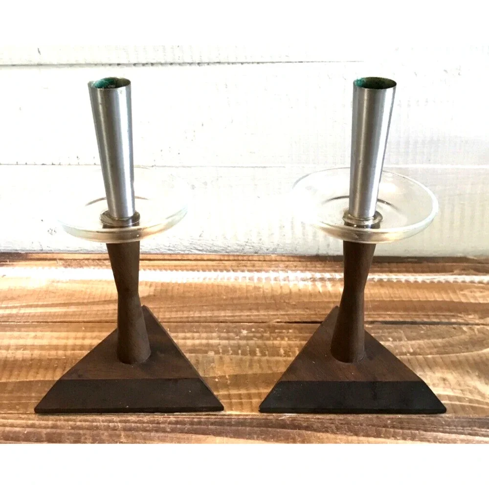 VTG MCM Walnut Wood Glass Candle Holders Pair Mid Century Modern Metal 8.25